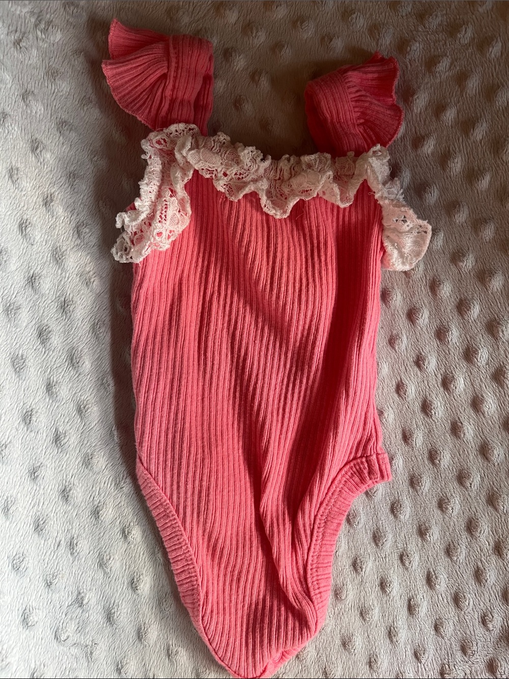Rachel Zoe Coral Pink Ribbed Lace-Trim One-Piece